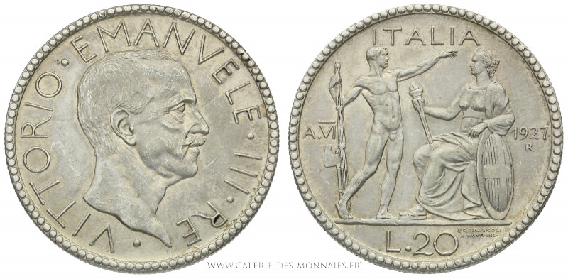 ITALIE, VICTOR EMMANUEL III (1900-1946), 20 Lire 1927 AN VI Rome, (Argent - 14,9...