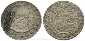 MEXIQUE, Philippe V (1700-1746), 2 Réales 1740 MF Mo Mexico, (Argent - 6,68 g - 26,3 mm - 12h)
A/ Ecu couronné accosté de MF et 2.
R/ Globes couronn...