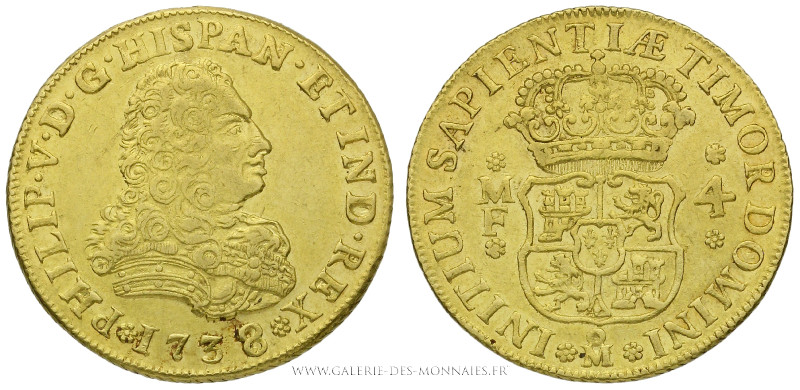 MEXIQUE, Philippe V (1700-1746), 4 Escudos 1738 MF Mo Mexico, (Or - 13,48 g - 30...