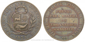 PÉROU, RÉPUBLIQUE DU PÉROU (1822- ), 8 Reales 1835 Essai non adopté de Thonnelier, (Cuivre - 23,78 g - 38,1 mm - 6h)
A/ Armes surmontées d'une couron...