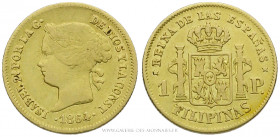 PHILIPPINES, Isabelle II (1833-1868), 1 Peso 1864 Manille, (Or - 1,67 g - 15 mm - 12h)
A/ Tête laurée d'Isabelle II à gauche.
R/ Ecu couronné entre ...