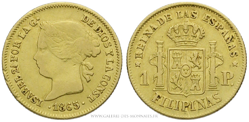 PHILIPPINES, Isabelle II (1833-1868), 1 Peso 1865 Manille, (Or - 1,7 g - 15,2 mm...