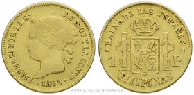PHILIPPINES, Isabelle II (1833-1868), 1 Peso 1865 Manille, (Or - 1,7 g - 15,2 mm - 12h)
A/ Tête laurée d'Isabelle II à gauche.
R/ Ecu couronné entre...