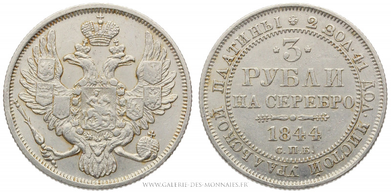 RUSSIE, NICOLAS I (1825-1855), 3 Roubles platine 1844, Saint-Pétersbourg, (Plati...