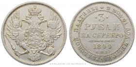 RUSSIE, NICOLAS I (1825-1855), 3 Roubles platine 1844, Saint-Pétersbourg, (Platine - 10,26 g - 23,6 mm - 12h)
A/ Sous une couronne, aigle bicéphale c...