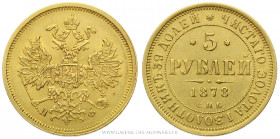 RUSSIE, ALEXANDRE II (1855-1881), 5 Roubles 1878, Saint-Pétersbourg, (Or - 6,55 g - 22,5 mm - 12h)
A/ Sous une couronne, aigle bicéphale couronnée, a...