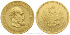 RUSSIE, ALEXANDRE III (1881-1894), 10 Roubles 1889, Saint-Pétersbourg, (Or - 12,89 g - 24,5 mm - 12h)
A/ Tête nue d'Alexandre III à droite.
R/ Sous ...