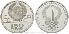 RUSSIE, UNION SOVIÉTIQUE URSS (1917-1991), 150 Roubles Platine 1977 BE, Jeux Olympiques de Moscou 1980, (Platine - 15,53 g - 28,3 mm - 12h)
A/ Emblèm...