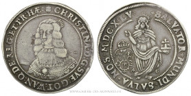SUÈDE, Christine (1632-1654), Riksdaler 1645 (MDCXLV) AG Stockholm, (Argent - 28,43 g - 42,3 mm - 8h)
A/ Buste de 3/4 de face à gauche.
R/ Le Christ...