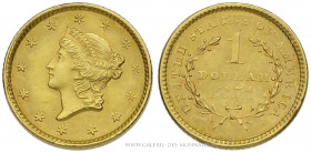 U.S.A, 1 DOLLAR OR Liberty 1851 Philadelphie, (Or - 1,66 g - 12,9 mm - 6h)
A/ Tête diadémée de la Liberté à gauche.
R/ Valeur et millésime dans une ...