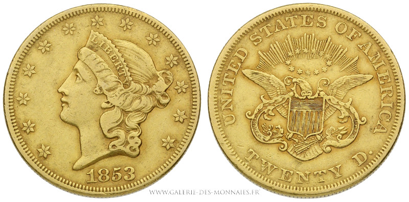 U.S.A, 20 DOLLARS OR Liberty 1853 Philadelphie, (Or - 33,29 g - 33,9 mm - 6h)
A...