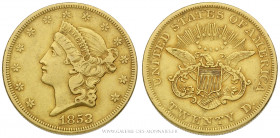 U.S.A, 20 DOLLARS OR Liberty 1853 Philadelphie, (Or - 33,29 g - 33,9 mm - 6h)
A/ Tête diadémée de la Liberté à gauche.
R/ Aigle éployée couronnée d'...