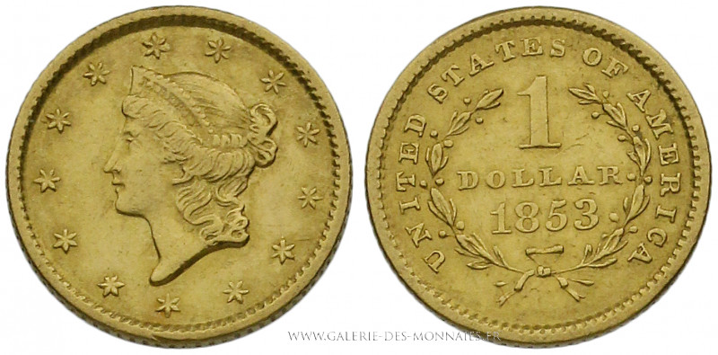 U.S.A, 1 Dollar Liberty 1853 Philadelphie, (Or - 1,64 g - 13 mm - 6h)
A/ Tête d...