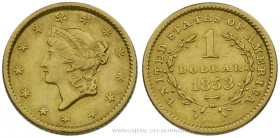 U.S.A, 1 Dollar Liberty 1853 Philadelphie, (Or - 1,64 g - 13 mm - 6h)
A/ Tête diadémée à gauche.
R/ Valeur et date dans une couronne de laurier.
Ré...