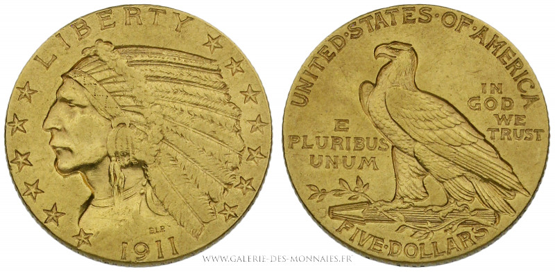 U.S.A, 5 Dollars Tête d'Indien 1911 Philadelphie, (Or - 8,34 g - 21,3 mm - 6h)
...