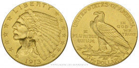 U.S.A, 2 1/2 DOLLARS OR Tête d'Indien 1913 Philadelphie, (Or - 4,17 g - 17,5 mm - 6h)
A/ Tête d'indien à gauche.
R/ Aigle debout sur un foudre à gau...