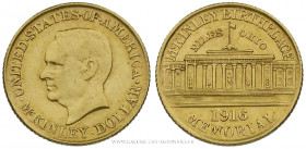 U.S.A, 1 Dollar McKinley 1916, (Or - 1,67 g - 14,5 mm - 6h)
A/ Tête nue de William McKinley à gauche.
R/ Bâtiment du Memorial McKinley.
Réf. Fr.102...