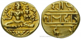 INDE, Royaume de Vijayanâgar - Harihara II (1377-1404), 1/2 Pagode d'or non daté, (Or - 1,67 g - 10,4 mm - 12h)
A/ Vishnou et Lakshmi.
R/ Légende Na...