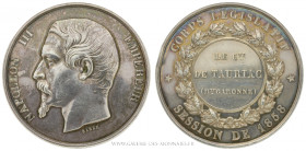 FRANCE, SECOND EMPIRE (1852-1870), Médaille de Député au Corps Législatif session de 1858, par Barre., (Argent - 64,97 g - 50,7 mm - 12h)
A/ NAPOLEON...