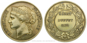 FRANCE, Troisième République (1871-1940), Médaille d'identité au Sénat 1879, (Vermeil - 67,92 g - 51 mm - 12h)
A/ RÉPUBLIQUE - FRANÇAISE. Tête diadém...
