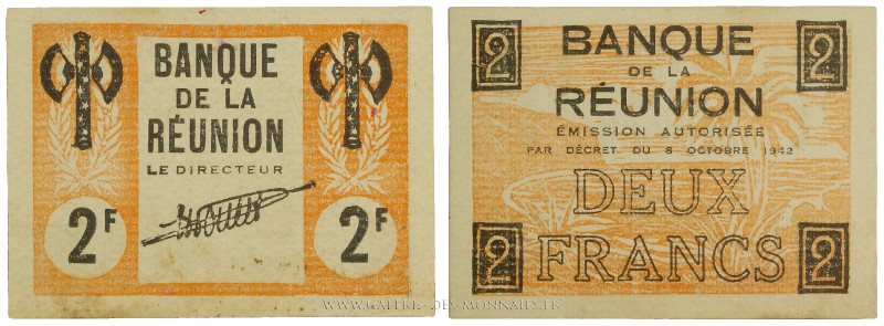ILE DE LA RÉUNION, DEUX FRANCS - Type 1942 "Francisque" Signature H. Poulet.
Ré...