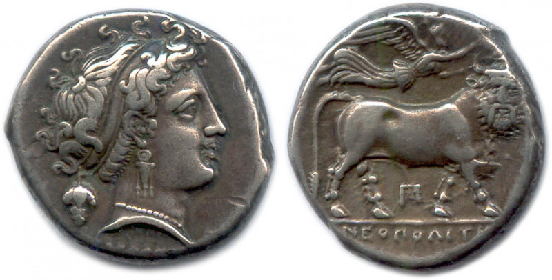 CAMPANIE - NAPLES 325-241
Tête de la nymphe Parthénope à droite, les cheveux ret...
