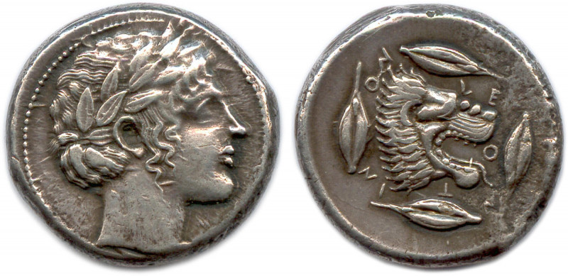 SICILE - LÉONTINI 476-468
Tête laurée l'Apollon à droite, les cheveux relevés.
G...
