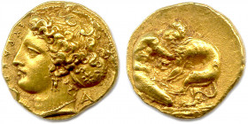 SICILE - SYRACUSE Règne de Denys 406-367
Tête de la nymple Aréthuse à gauche, les cheveux retenus dans un sakkos étoilé. Elle est parée de boucles d'o...
