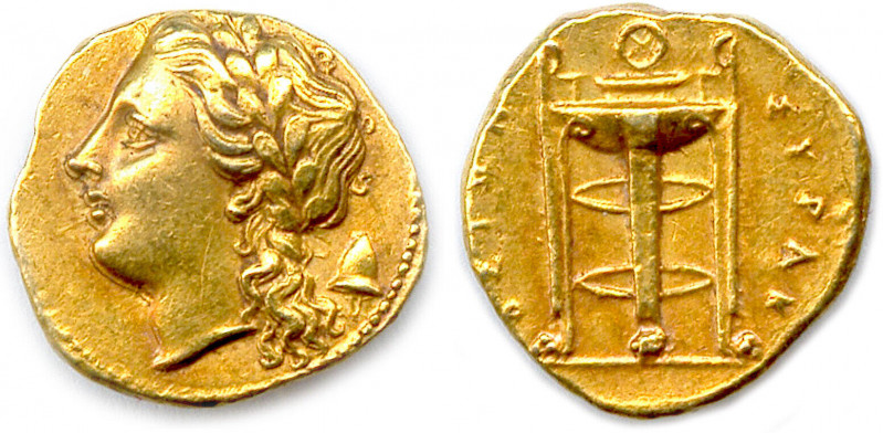 SICILE - SYRACUSE Règne d'Agathoclès 317-289
Tête laurée d'Apollon. Derrière la ...