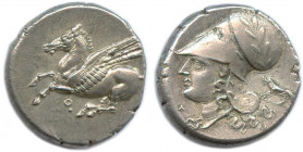 CORINTHE 5e période 386-307
Pégase volant à gauche. Dessous, Q. R/. Tête d'Athéna 
à gauche, coiffée d'un casque corinthien lauré avec 
couvre-nuque. ...