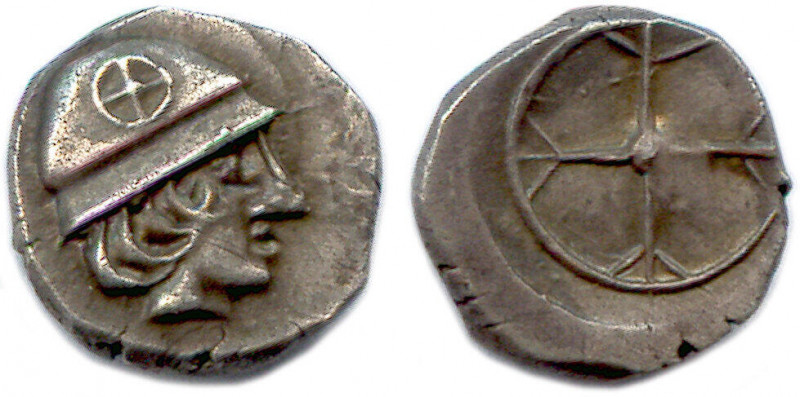 MASSALIA 450-425
Tête de guerrier coiffée d'un casque orné d'une rouelle. 
R/. R...
