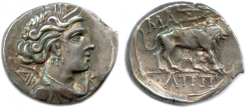 MASSALIA 220-49
♦ Brenot 92 et ss
Drachme d'argent. 
B/MAΣΣA. 
A entre les patte...