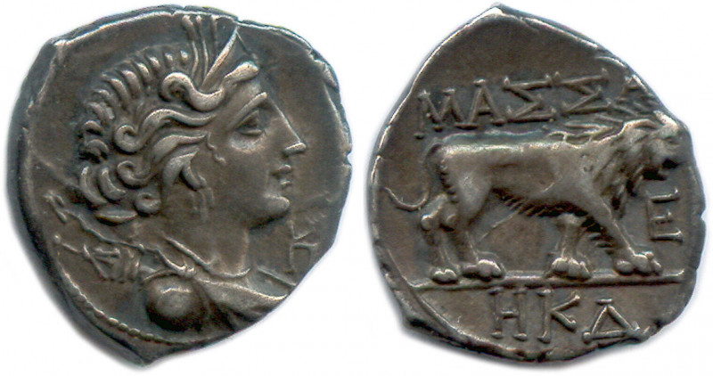 MASSALIA 220-49
♦ Brenot 92 et ss
Drachme d'argent. 
B/MAΣΣA. 
E devant le lion....