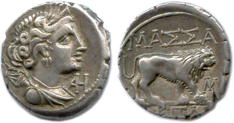 MASSALIA 220-49
♦ Brenot 92 et ss
Drachme d'argent. 
Monogramme AH. MAΣΣA. M dev...