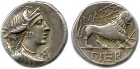 MASSALIA 220-49
♦ Brenot 100 et ss
Drachme d'argent. 
A/MAΣΣA. 
Δ devant le lion. À l'exergue, ПER. (2,78 g) 
Très beau.