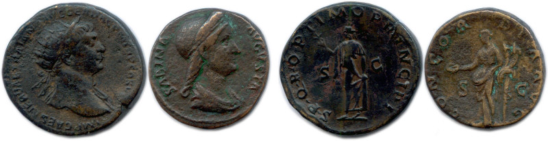 TRAJAN et SABINE épouse d'Hadrien 
Deux monnaies en bronze : Dupondius de Trajan...