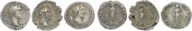 ANTONIN LE PIEUX Titus Aurelius Antoninus 138-161
Trois deniers en argent : ♦ Cohen cf 1126, Cohen cf 419, Cohen cf 825. T.B.