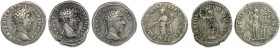 LUCIUS VÉRUS Lucius Aurelius Verus 7 mars 161 - février 169
Trois deniers en argent : ♦ Cohen 126, 229, 279. T.B.