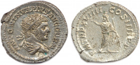 CARACALLA Licius Septimius Bassianus 211-217
ANTONINVS PIVS AVG GERM. Son buste radié, drapé et cuirassé 
à droite. R/. P M TR P XVIII COS IIII P P. S...