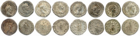CARACALLA Licius Septimius Bassianus 211-217
Huit deniers en argent : ♦ Cohen 315 var., 464, 478, 499, 542, 606, 613, 689. T.B.