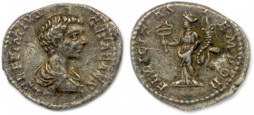 GÉTA Publius Septimius Geta 5 février - 26 décembre 211
P SEPTIMIVS GETA CAES. Son buste nu-tête drapé à droite. 
R/. FELICITAS -EMPOR. Félicité debou...