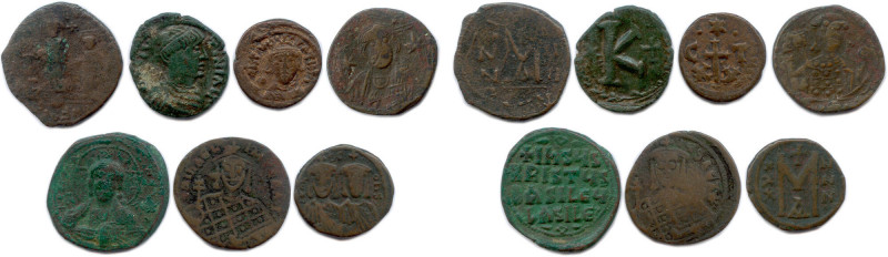 Sept monnaies byzantines en bronze : 
Focas et Léontia, Justinien Ier, Constant ...