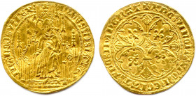 JEAN II LE BON 22 août 1350 - 8 avril 1364 fils de Philippe VI 
IOhES: DEI : GRACIA: FRAnCORV: REX. Le roi debout sous un dais gothique et tenant un s...