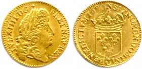 LOUIS XIV 1643-115
LVD. XIIII. D. G. FR. ET. NAV. REX. Sa tête agée laurée à droite. 
R/. (lettre d'atelier) SIT NOMEN DOMINI BENEDICTVM (date). 
Écu ...