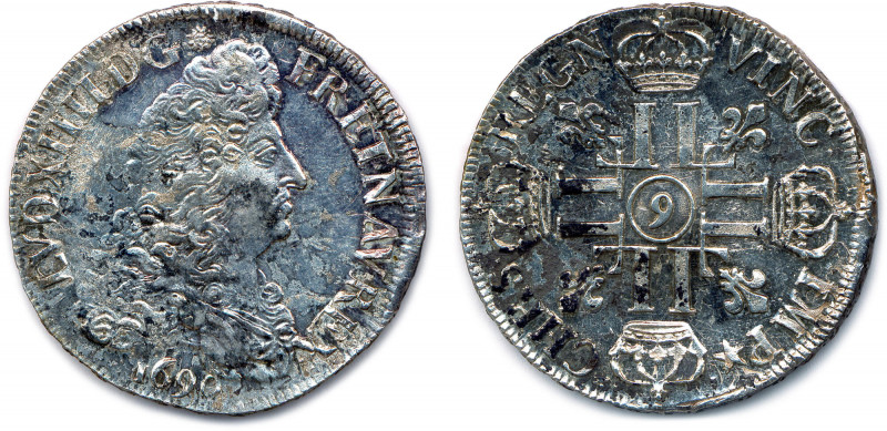 LOUIS XIV 1643-1715
LVD. XIIII. D. G. FR. ET. NAV. REX. Buste du Roi à droite, d...