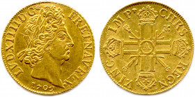LOUIS XIV 1643-1715
LVD. XIIII. D. G (soleil) FR. ET. NAV. REX. 
Sa tête laurée à droite. Coquille, marque de Louis Euldes. 
R/. CHRS.REGN.VINC.IMP. C...