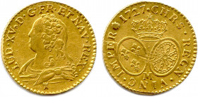 LOUIS XV 1715-1774
Buste drapé à gauche. Tour, marque de Marchand de la Tournelle. 
R/. Deux écus ovales aux armes de France et de Navarre. Coquille, ...