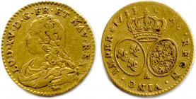 LOUIS XV 1715-1774
Buste drapé à gauche. Renard, marque de Mathieu Renard de Petiton. 
R/. Deux écus ovales aux armes de France et de Navarre. Rosette...