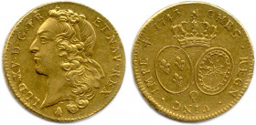 LOUIS XV 1715-1774
Tête du roi, ceinte d'un bandeau signé JCR en monogramme Coquille, marque de Jean Bourdeau de Bruch de Castera. 
R/. Deux écus oval...