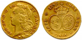 LOUIS XV 1715-1774
Tête du roi, ceinte d'un bandeau signé JCR en monogramme. Cœur, marque de Jean Louis Béyerlé. 
R/. Deux écus ovales couronnés aux a...